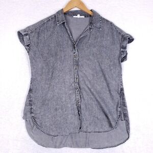 Jane + Delancey Gray Button Front Hi Low Blouse Short Sleeve Size L Chambray